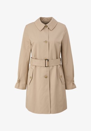 Beige trenchcoat met een grote kraag, drie knopen aan de voorkant, een riem in de taille en zijzakken. Gemaakt van gladde stof met een subtiele textuur.