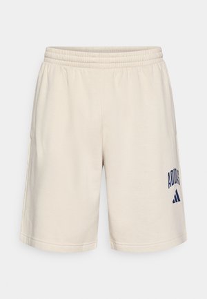 Beige athletic shorts made of soft cotton, featuring an elastic waistband and blue "Adidas" logo on the left leg.