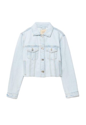 Hellblaue kurz geschnittene Jeansjacke mit Knopfleiste, zwei Brustklappentaschen, langen Ärmeln und klassischem Kragen.