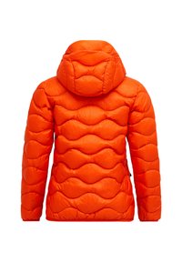 Heller orange, plüschiger Jacke mit Kapuze, die ein wellenförmiges gestepptes Muster und elastische Bündchen aufweist. Glatte Textur und leichtes Design.