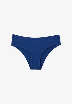 Navyblauw katoenen bikiniondergoed met een gladde textuur, gemiddelde bedekking en een elastische tailleband voor comfort. Geen patronen of accenten.