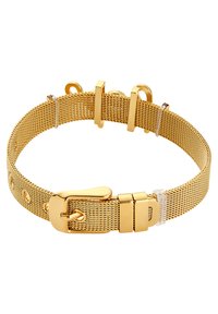 Bracciale in rete dorata con chiusura metallici liscia, accenti circolari e maglie regolabili per la personalizzazione della dimensione.