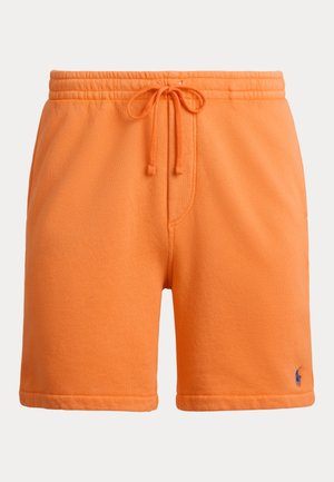 Orangene Shorts bis zur Mitte des Oberschenkels mit elastischem Bund, vorderem Kordelzug, zwei Seitentaschen und kleinem blau besticktem Logo nahe dem Saum.