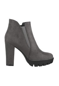 Stivaletto in suede grigio con tacco a blocco alto, pannelli laterali elastici e soletta in gomma nera testurizzata. Presenta una punta arrotondata e dettagli cuciti.