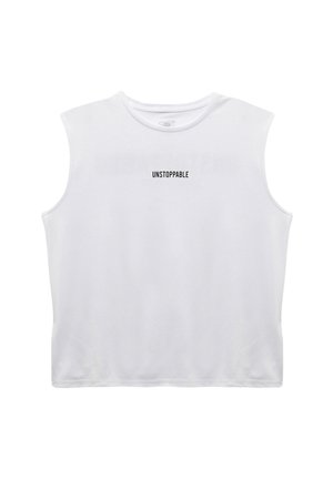 Weißes ärmelloses Croptop mit dem Wort "UNSTOPPABLE" in kleinen schwarzen Buchstaben, zentral auf der Brust gedruckt.