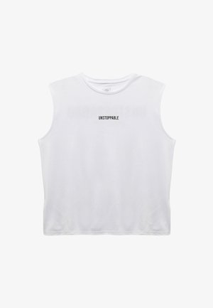 Hvid ærmeløs crop top med ordet "UNSTOPPABLE" trykt i små sorte bogstaver centreret på brystet.