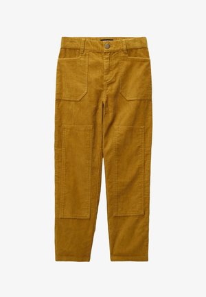 Pantalon en velours côtelé jaune moutarde, avec une jambe droite, deux poches avant et une texture de côtes verticales discrète. Fermeture par bouton à la taille.