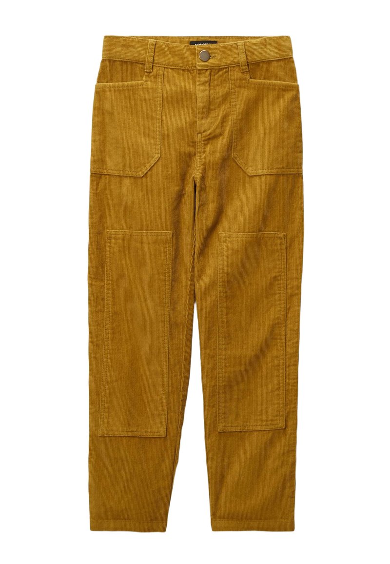 Pantalon en velours côtelé jaune moutarde, avec une jambe droite, deux poches avant et une texture de côtes verticales discrète. Fermeture par bouton à la taille.