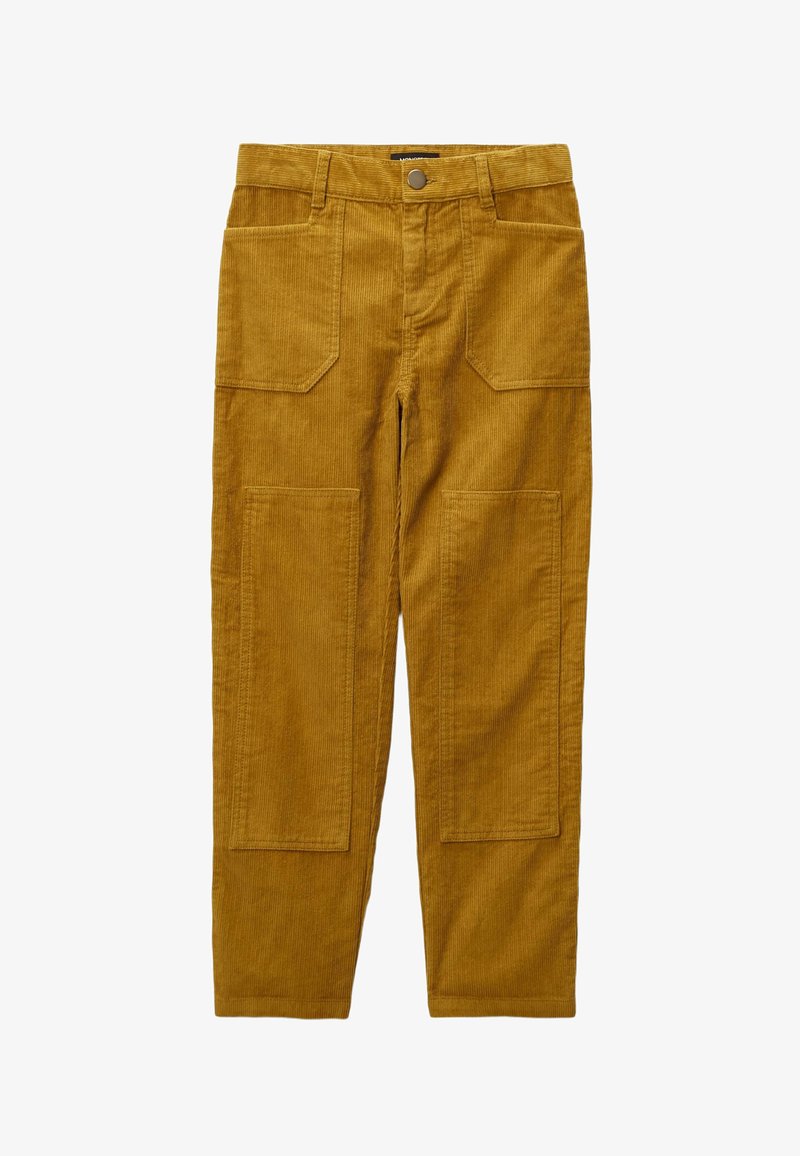 Pantalon en velours côtelé jaune moutarde, avec une jambe droite, deux poches avant et une texture de côtes verticales discrète. Fermeture par bouton à la taille.