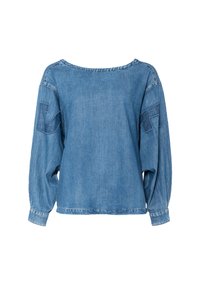 Lyseblå denim-sweatshirt med lange ballongerm, bred utringning og en stor sydd logodetalj på hver erme. Casual passform.