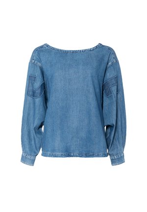 Vaaleansininen farkkukankaasta valmistettu collegepaita, jossa on pitkät, pallohelmaiset hihat, leveä pääntie ja suuri kirjailtu logo molemmissa hihoissa. Rentoa istuvuutta.