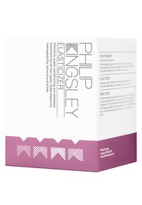 Weiße Box mit dem Text "Philip Kingsley Elasticizer" in fettem Schwarz. Der untere Abschnitt ist lila mit einem geometrischen Muster. Gebrauchsanweisung ist an der Seite aufgedruckt.