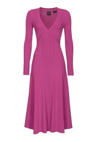 Žebrované dlouhé šaty s výstřihem do V v jasně růžové barvě. Přiléhavá sukně s volným spodním dílem. Jemná textura a hladký povrch.