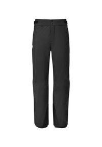 Schwarze wasserdichte Hose mit glatter Textur, ausgestattet mit einem vorderen Knopfverschluss, verstellbarem Bund und Seitenschlitzen zur Belüftung.