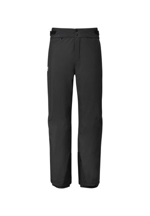 Schwarze wasserdichte Hose mit glatter Textur, ausgestattet mit einem vorderen Knopfverschluss, verstellbarem Bund und Seitenschlitzen zur Belüftung.