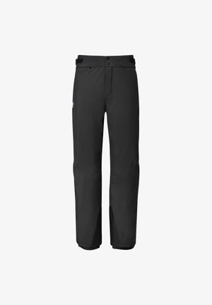 Schwarze wasserdichte Hose mit glatter Textur, ausgestattet mit einem vorderen Knopfverschluss, verstellbarem Bund und Seitenschlitzen zur Belüftung.