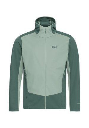 Veste softshell pour homme en vert clair et vert foncé. Dotée d'un col montant, d'une fermeture à glissière complète, de poches latérales et d'un tissu texturé.