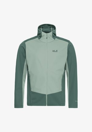 Herren-Softshelljacke in Hellgrün und Dunkelgrün. Mit hohem Kragen, durchgehendem Reißverschluss, Seitentaschen und strukturiertem Stoff.