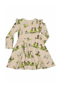 Beige pitkähihaine mekko, jossa on levenevä hame, ja jossa on leikkisiä eläinkuvastoja, kuten kissoja vihreissä mekoissa, lintuja, kukkia ja kasveja.
