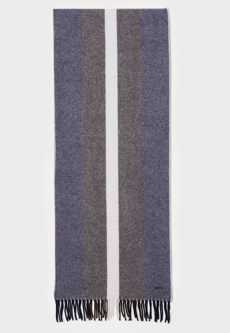 Wollen sjaal met donkerblauwe, grijze en witte strepen, voorzien van textuurpatronen en franjes aan de uiteinden voor extra detail.