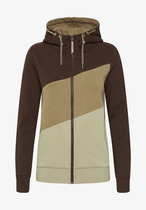 Kapiama zip-up džemperis su gobtuvu, kuriame yra rudo, bežinio ir šviesiai žalio spalvų blokų dizainas. Pagamintas iš švelnios medžiagos, su elastingais rankogaliais ir apatine dalimi.