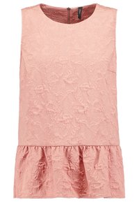 Blouse rose texturée sans manches avec un col rond et un ourlet volanté, dotée d'une fermeture éclair au dos.