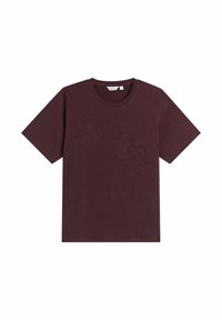 Bordeaux bomulds t-shirt med korte ærmer og rund halsudskæring; har et præget blomsterdesign foran.