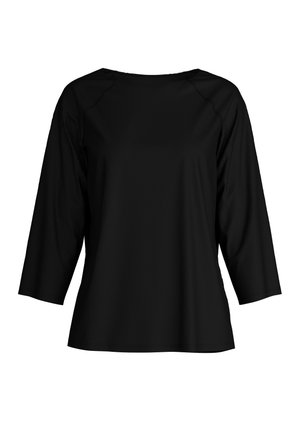 Schwarzes Oberteil mit drei Viertelärmeln und rundem Ausschnitt. Hergestellt aus glattem, leichtem Stoff, mit Raglanärmeln und einem lockeren Schnitt.