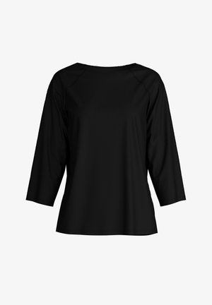 Schwarzes Oberteil mit drei Viertelärmeln und rundem Ausschnitt. Hergestellt aus glattem, leichtem Stoff, mit Raglanärmeln und einem lockeren Schnitt.