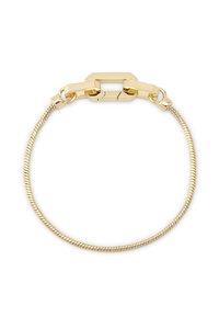 Bracciale color oro con un design di filo sottile e attorcigliato e una chiusura rettangolare. La chiusura presenta accenti angolari, aggiungendo texture e dettagli.