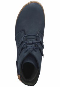 Navy blue leather ankle boot with round toe, lace-up design, and tan rubber sole. Interior lined with soft material, featuring stitched accents.