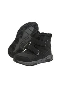 Svarta vattentäta stövlar med en texturerad ovandel, som har justerbara kardborreband och en gummisula med ett mönstrat däck för bra grepp.