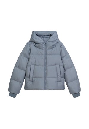 Graue Puffjacke mit Kapuze, ausgestattet mit einem Reißverschluss vorne, gerippten Bündchen und seitlichen Taschen. Die Oberfläche ist glatt und mit einem gesteppten Muster versehen.