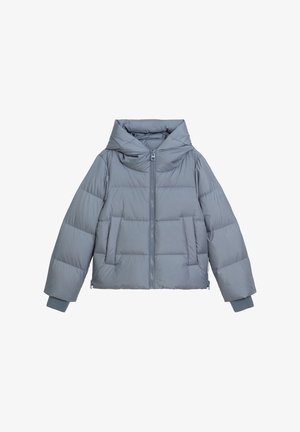 Grijze pufferjack met capuchon, voorzien van een ritssluiting aan de voorkant, ribbels aan de manchetten en zijzakken. Het oppervlak is glad met een gestikt patroon.