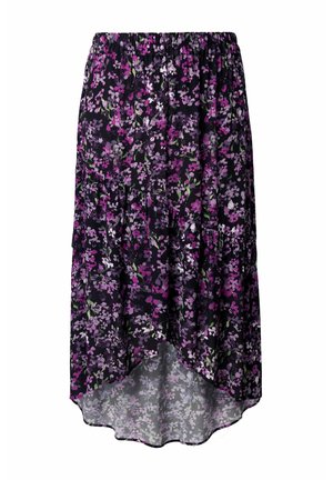 Zwarte bloemenrok met een gelaagd ontwerp, met paarse en groene bloemmotieven; elastische tailleband; langere zoom aan de achterkant.