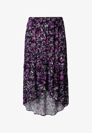 Falda negra con diseño de volantes, con patrones florales en púrpura y verde; cintura elástica; dobladillo trasero más largo.