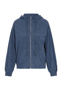 Blauwe corduroy rits hoodie met een voorzak, verstelbare trekkoordkap en elastische manchetten. Heeft een gestructureerd geribbeld ontwerp.