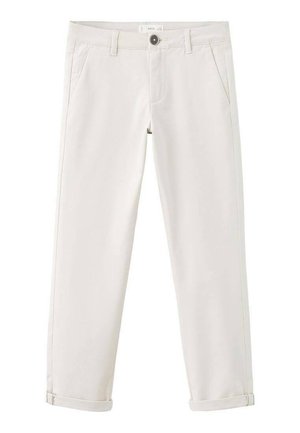 Pantalon beige clair en tissu doux, doté de poches avant, d'une fermeture à bouton et d'un bas retroussé pour une apparence soignée.