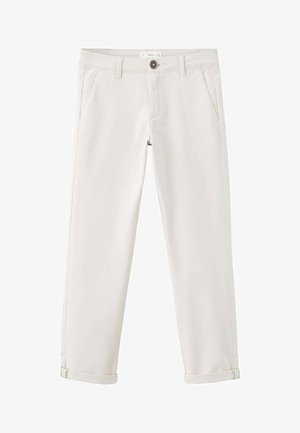 Pantalon beige clair en tissu doux, doté de poches avant, d'une fermeture à bouton et d'un bas retroussé pour une apparence soignée.