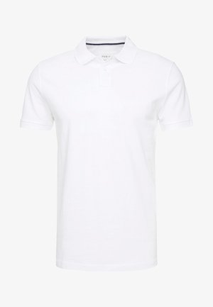 White polo shirt made of cotton, featuring a traditional collar, short sleeves, and three-button placket with subtle navy accents on the inside.