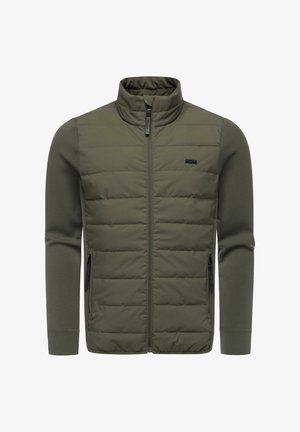 Olivgrüne Jacke mit gesteppter Front, glatten Strickärmeln, hohem Kragen und seitlichen Reißverschlusstaschen. Verfügt über ein Logo-Patch auf der Brust.