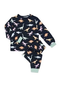 Pyjamaset med dinosauriemönster i marinblått, med olika färgglada dinosaurier. Inkluderar långärmad topp och matchande byxor med mintgröna muddar.