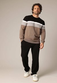 Heren kleurgebroken trui in bruin, beige, grijs en zwart met een ronde hals; gecombineerd met zwarte broeken en witte sneakers.