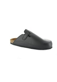 Schwarze Lederclogs mit runder Zehenpartie, einem Riemen mit Knopfakzent und einem Korkfußbett. Schlanker Silhouette, strukturierte Oberfläche.