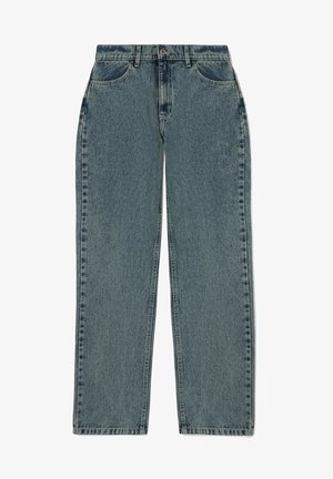 Jeans din denim de culoare albastră deschisă, cu un design cu linie dreaptă, dotate cu cinci buzunare, cusături rezistente și închidere cu nasturi. Suprafață texturată.