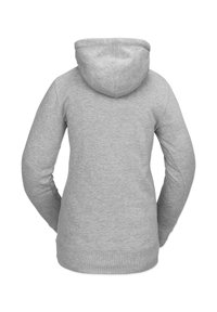 Sudadera gris con capucha y mangas largas, hecha de una tela suave. Presenta un bolsillo tipo canguro y puños y dobladillo acanalados. Se muestra la vista posterior.