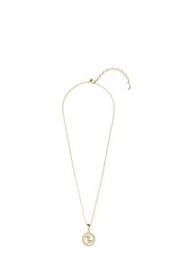 Goldene Halskette mit einer zarten Kette und einem kreisförmigen Anhänger, der ein Spiraldesign aufweist und mit kleinen klaren Steinen verziert ist.