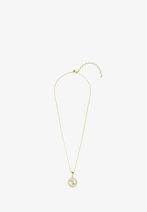 Goldene Halskette mit einer zarten Kette und einem kreisförmigen Anhänger, der ein Spiraldesign aufweist und mit kleinen klaren Steinen verziert ist.