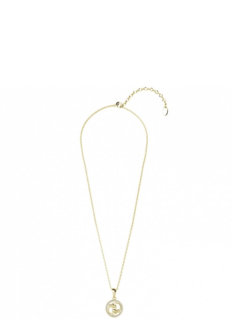 Goldene Halskette mit einer zarten Kette und einem kreisförmigen Anhänger, der ein Spiraldesign aufweist und mit kleinen klaren Steinen verziert ist.