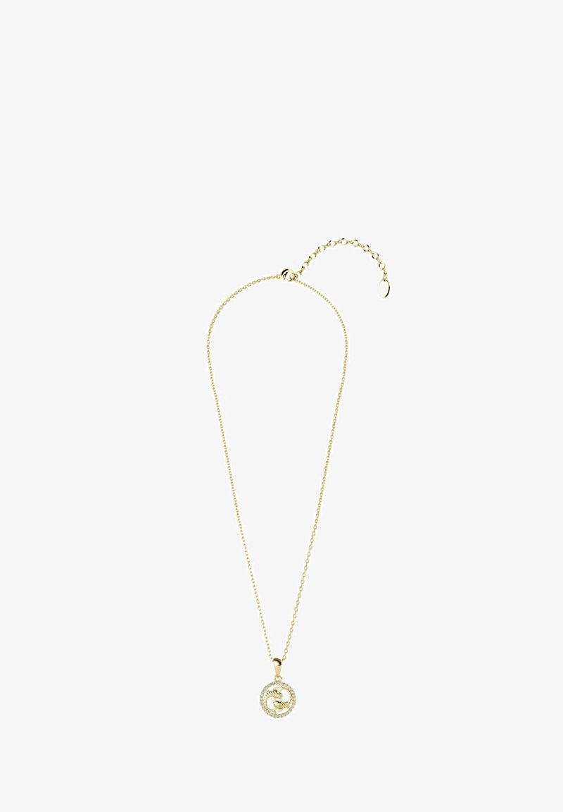 Gouden ketting met een delicate schakel en een ronde hanger met een spiraalontwerp, versierd met kleine heldere stenen.